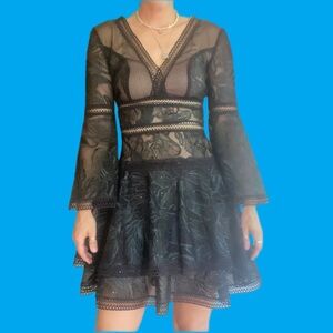 Bronx and Blanco black lace sheer sequin fit flare mini long sleeve dress